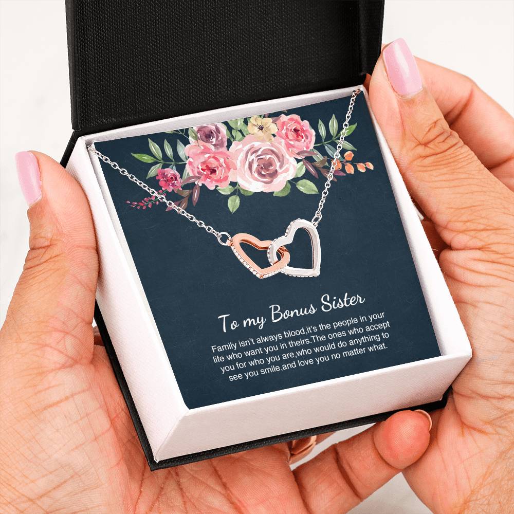 Unbiological Bonus Sister Best Friend Interlocking Hearts Necklace Message Card