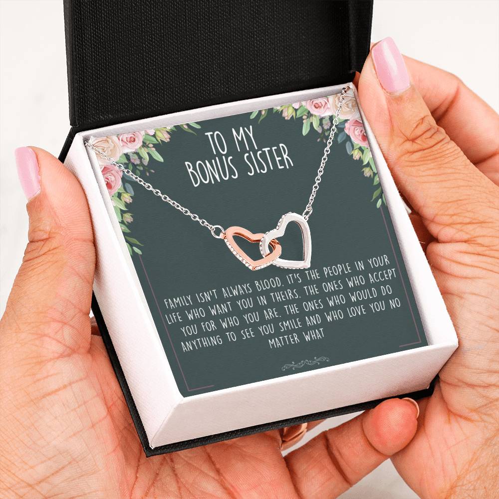 Unbiological Bonus Sister Best Friend Interlocking Hearts Necklace Message Card