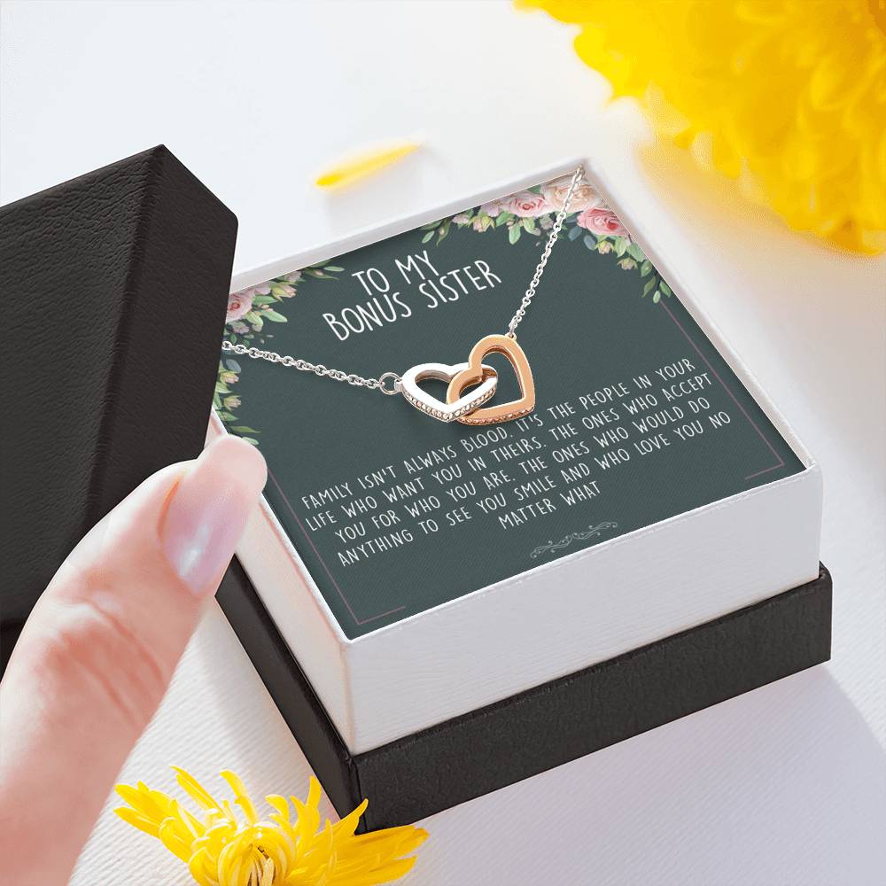 Unbiological Bonus Sister Best Friend Interlocking Hearts Necklace Message Card