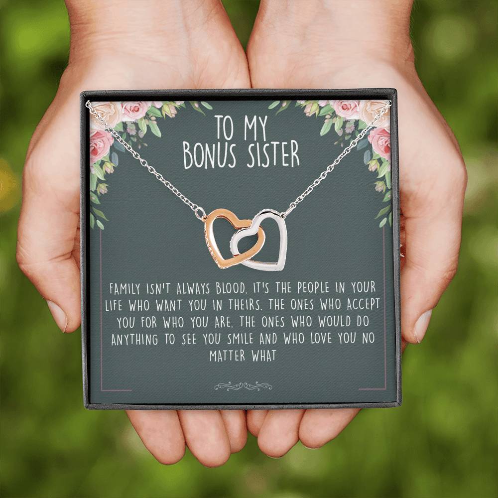 Unbiological Bonus Sister Best Friend Interlocking Hearts Necklace Message Card