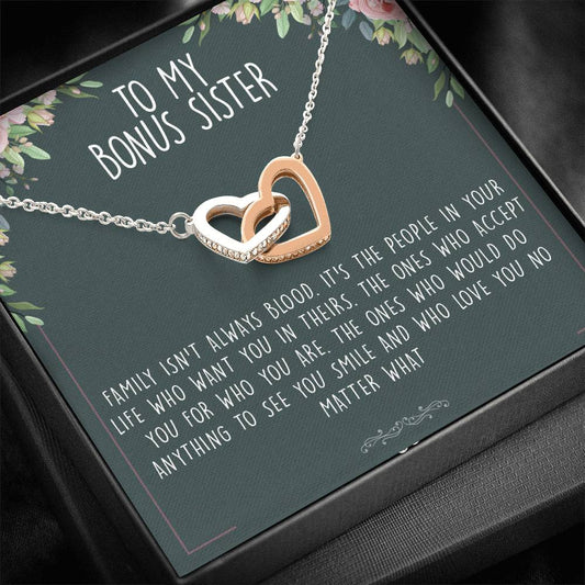 Unbiological Bonus Sister Best Friend Interlocking Hearts Necklace Message Card