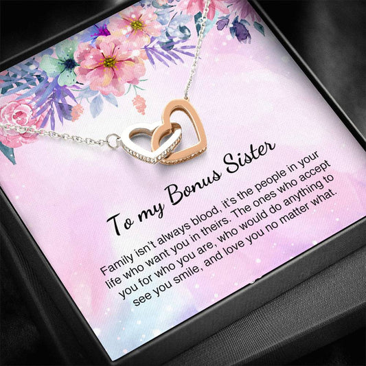 Unbiological Bonus Sister Gift Best Friend Interlocking Hearts Necklace Message Card