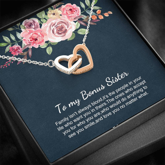Unbiological Bonus Sister Best Friend Interlocking Hearts Necklace Message Card