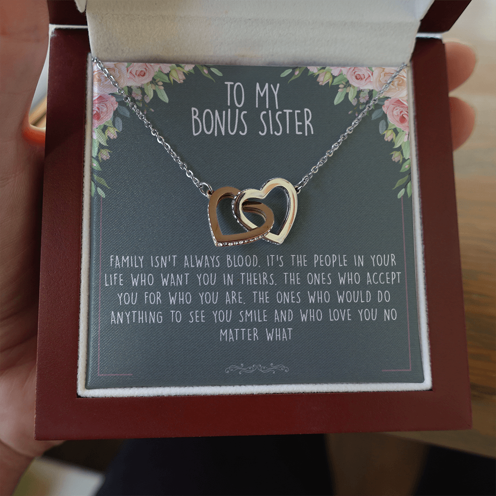 Unbiological Bonus Sister Best Friend Interlocking Hearts Necklace Message Card